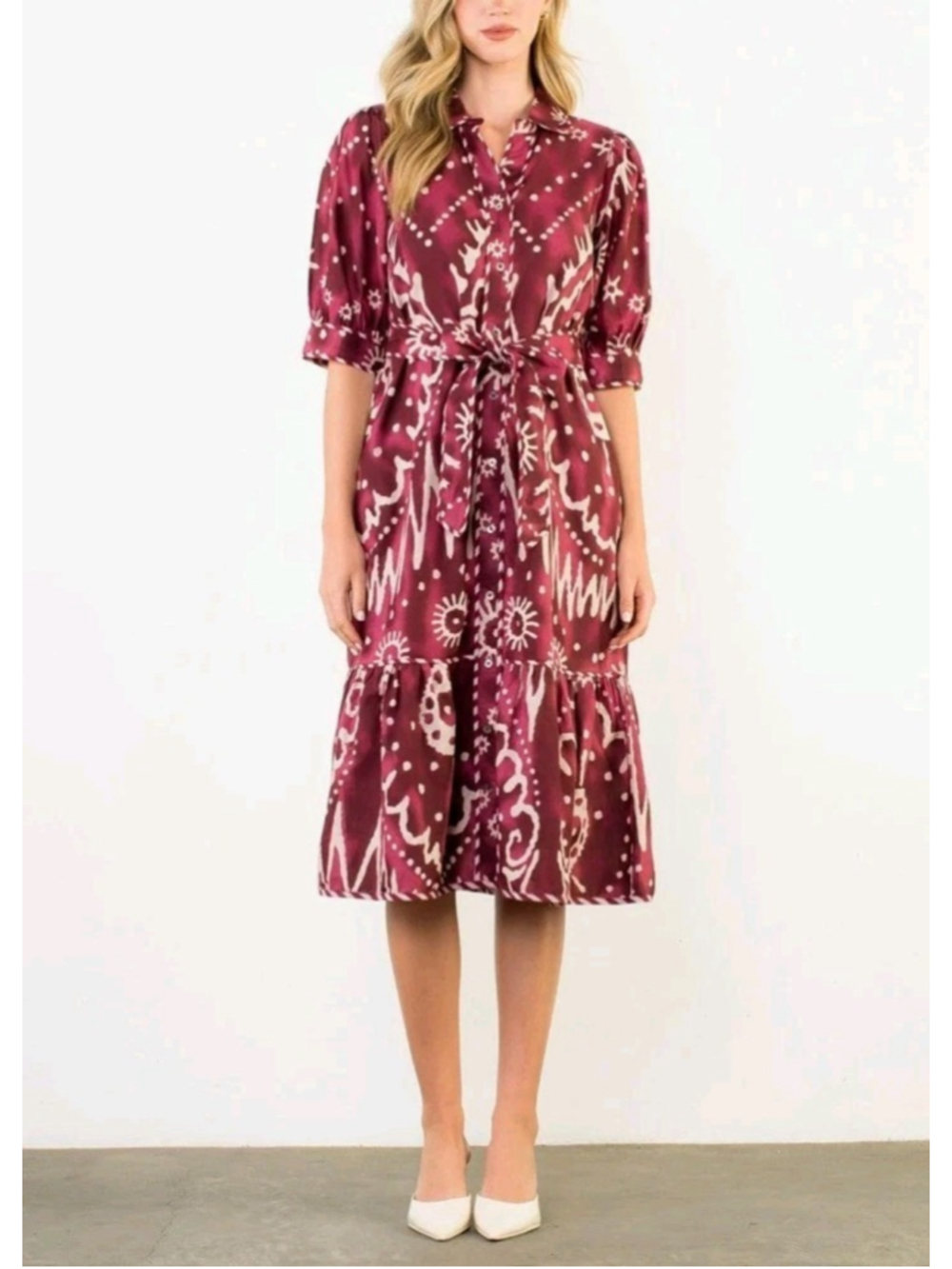 THML XS Burgundy Batik Shirt Dress 100% Cotton Belted Button Front Boho Midi